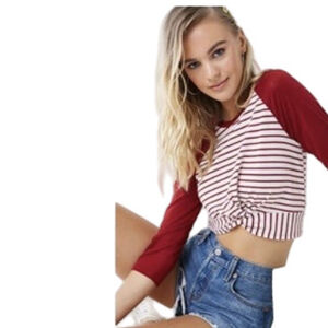 Forever 21 NEW 3/4 Length Sleeve Striped Cropped Raglan Knit Top Burgundy Cream